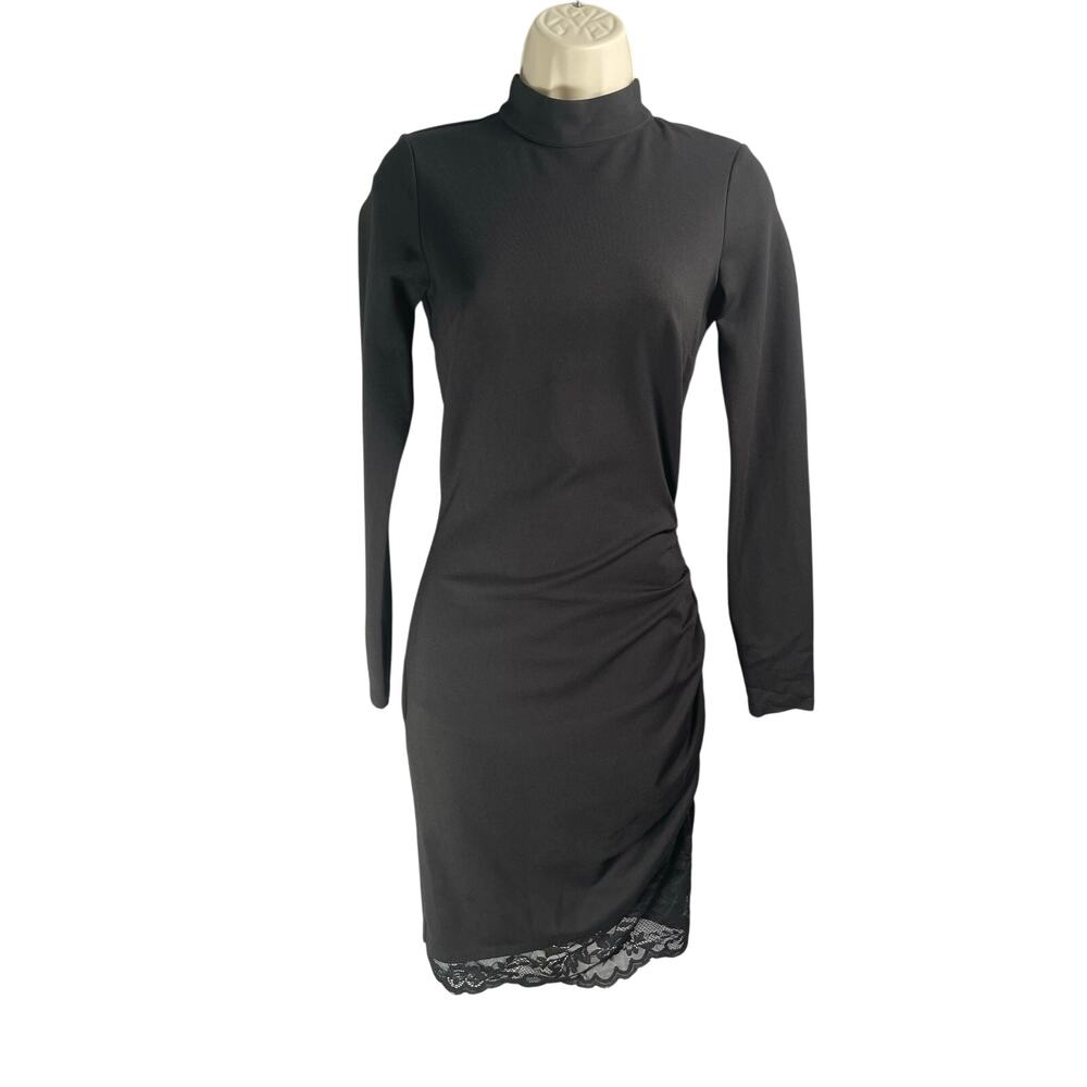 Bebe Dress Womens XS Black Fitted Long Sleeve Mock‎ Neck Lace Trim Back